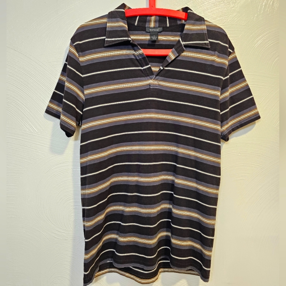Express Neutral Black Horizontal Stripes Buttonless Polo Shirt Women's Medium